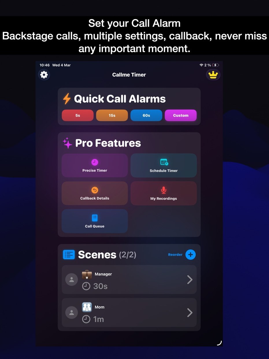 Official iPad screenshot showing Callme Timer with quick alarms, Pro features and saved scenes.