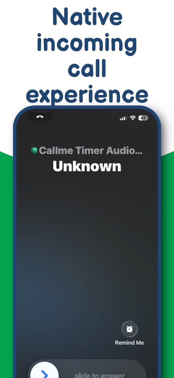 Official Callme Timer screenshot showing an incoming-call reminder screen.