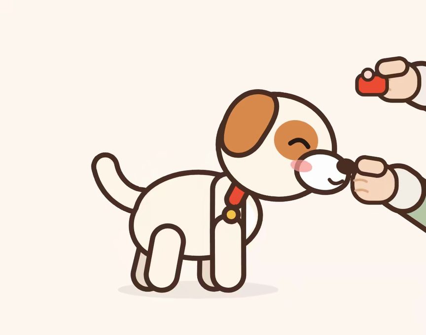 Mochi, un chiot animé, montre l’étape 1 de « Charger le clicker » : Clic, puis friandise