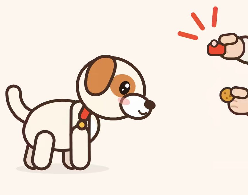 Mochi, un chiot animé, montre l’étape 2 de « Charger le clicker » : Varie la position de ton chien