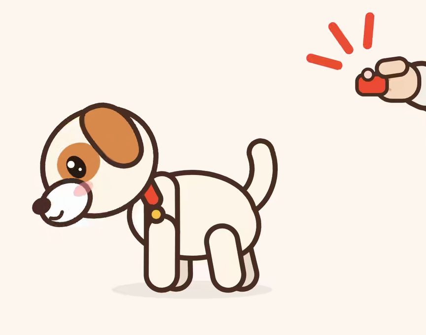 Mochi, un chiot animé, montre l’étape 3 de « Charger le clicker » : Le test surprise