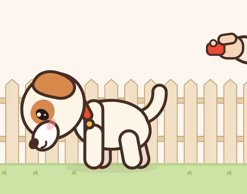 Mochi, un chiot animé, montre l’étape 4 de « Charger le clicker » : Change d’endroit