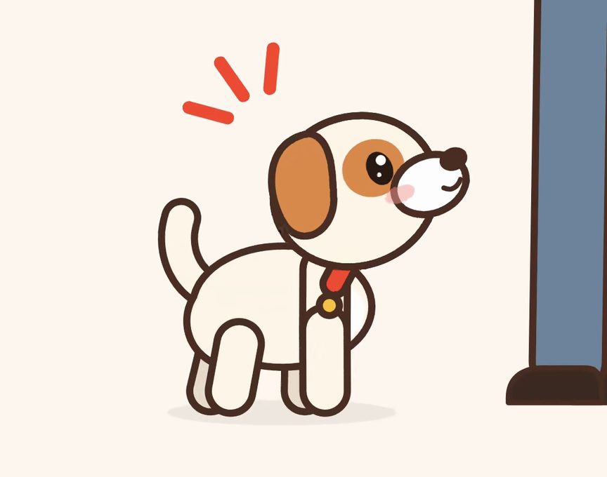 Mochi, a cartoon puppy, acting out step 1 of Come (Recall): The follow-me game