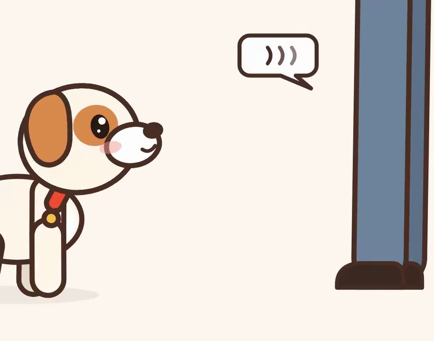 Mochi, a cartoon puppy, acting out step 2 of Come (Recall): Add the word