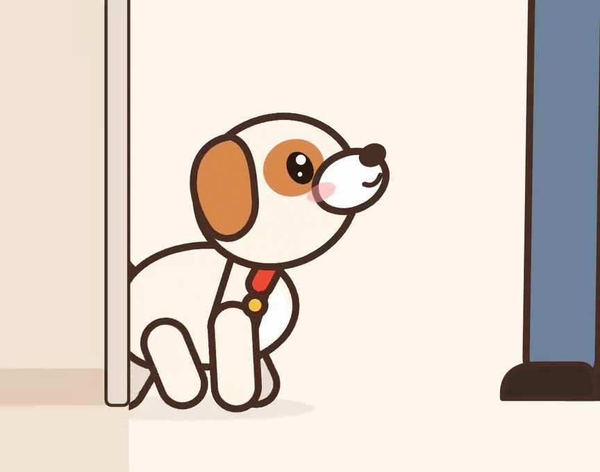 Mochi, a cartoon puppy, acting out step 3 of Come (Recall): Across the room and house