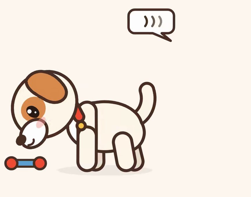 Mochi, a cartoon puppy, acting out step 4 of Come (Recall): Call away from small distractions