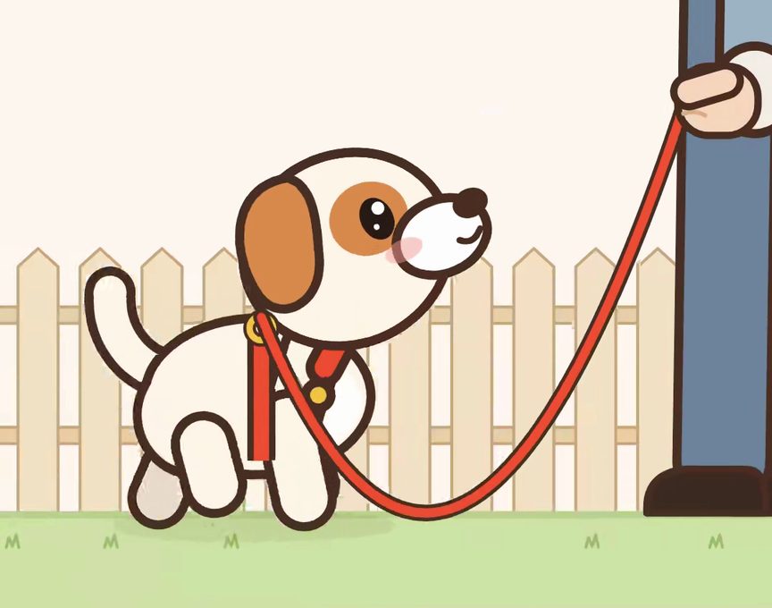 Mochi, a cartoon puppy, acting out step 5 of Come (Recall): Outside on a long line