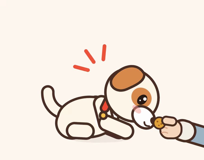 Mochi, a cartoon puppy, acting out step 1 of Down: Nose to the floor