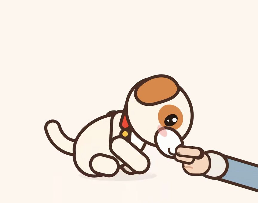 Mochi, a cartoon puppy, acting out step 3 of Down: Same motion, empty hand