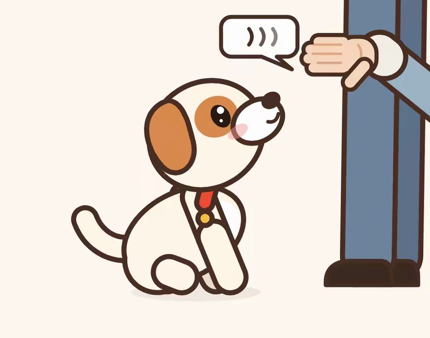 Mochi, a cartoon puppy, acting out step 4 of Down: Add the word