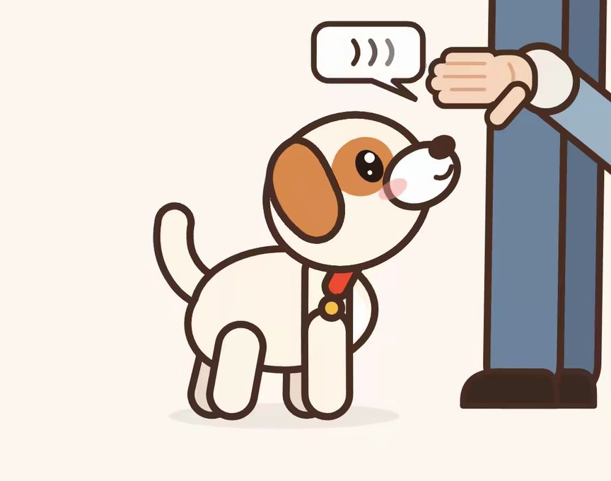 Mochi, a cartoon puppy, acting out step 5 of Down: Down anywhere