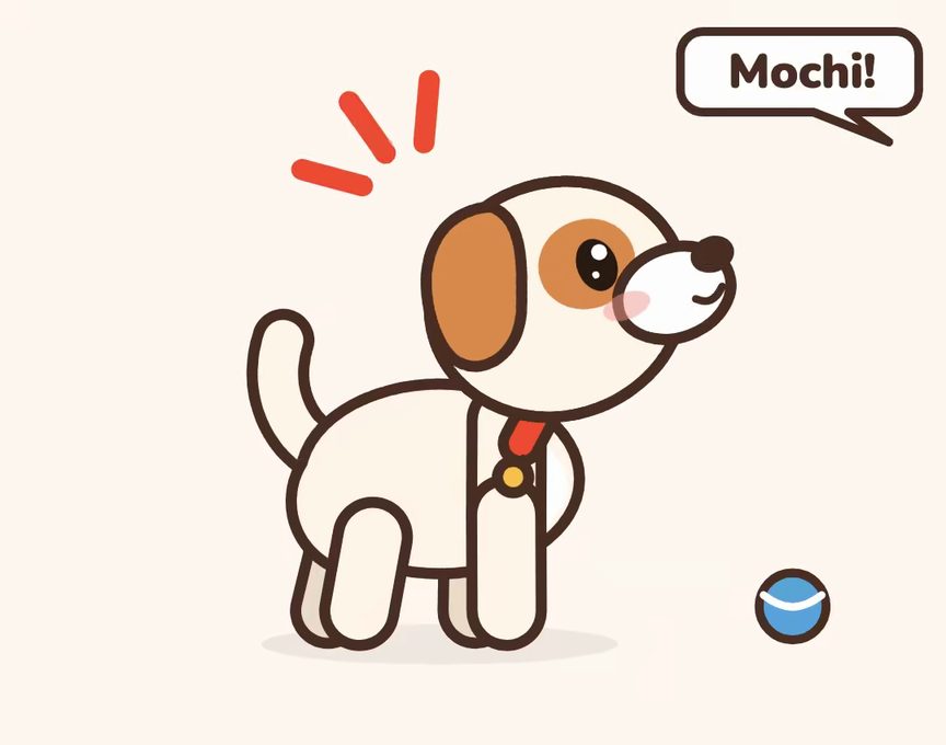 Mochi, a cartoon puppy, acting out step 1 of Name Game: Say the name up close