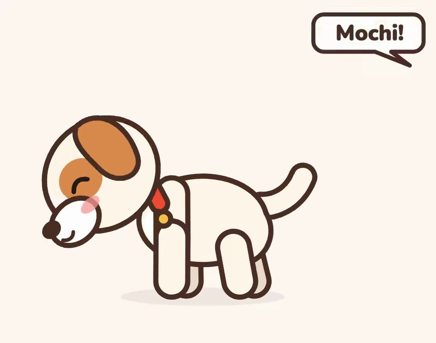 Mochi, a cartoon puppy, acting out step 2 of Name Game: Say the name when your dog looks away