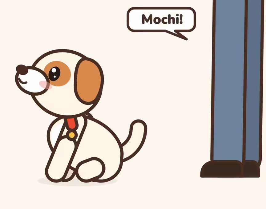 Mochi, a cartoon puppy, acting out step 3 of Name Game: Add distance or a small distraction