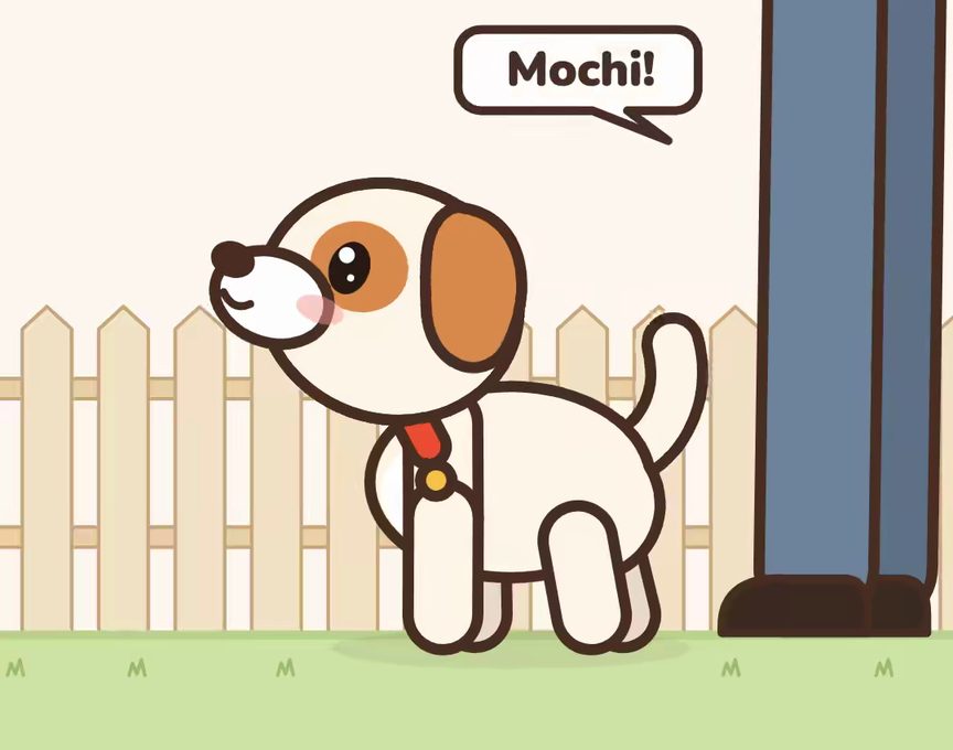 Mochi, a cartoon puppy, acting out step 4 of Name Game: Play in new places