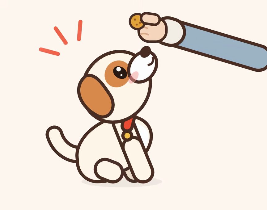 Mochi, a cartoon puppy, acting out step 1 of Sit: Lure the sit