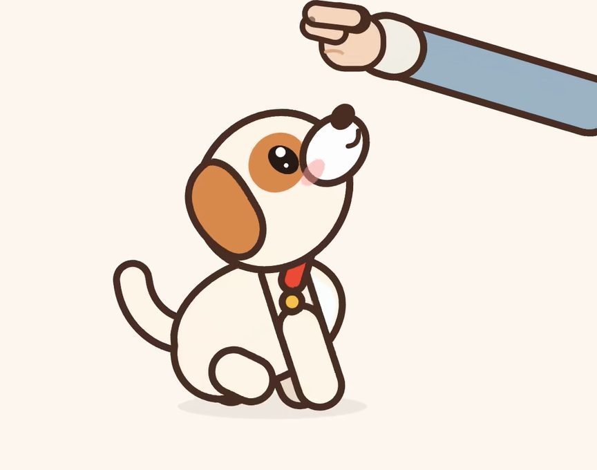 Mochi, a cartoon puppy, acting out step 2 of Sit: Same motion, empty hand