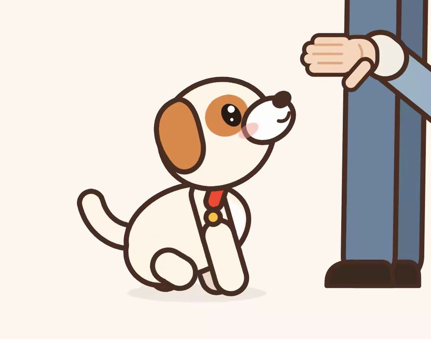 Mochi, a cartoon puppy, acting out step 3 of Sit: Shrink the hand signal