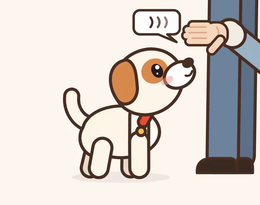 Mochi, a cartoon puppy, acting out step 4 of Sit: Add the word
