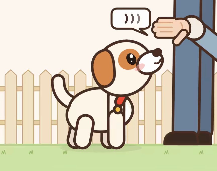 Mochi, a cartoon puppy, acting out step 5 of Sit: Sit anywhere