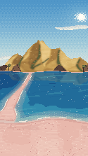 Pink sand reaches toward a grassy island.
