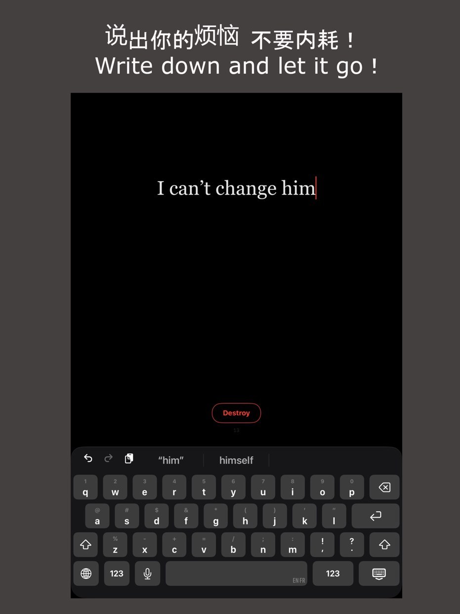 Official Demind iPad screenshot showing the writing canvas and keyboard with an English thought entered.