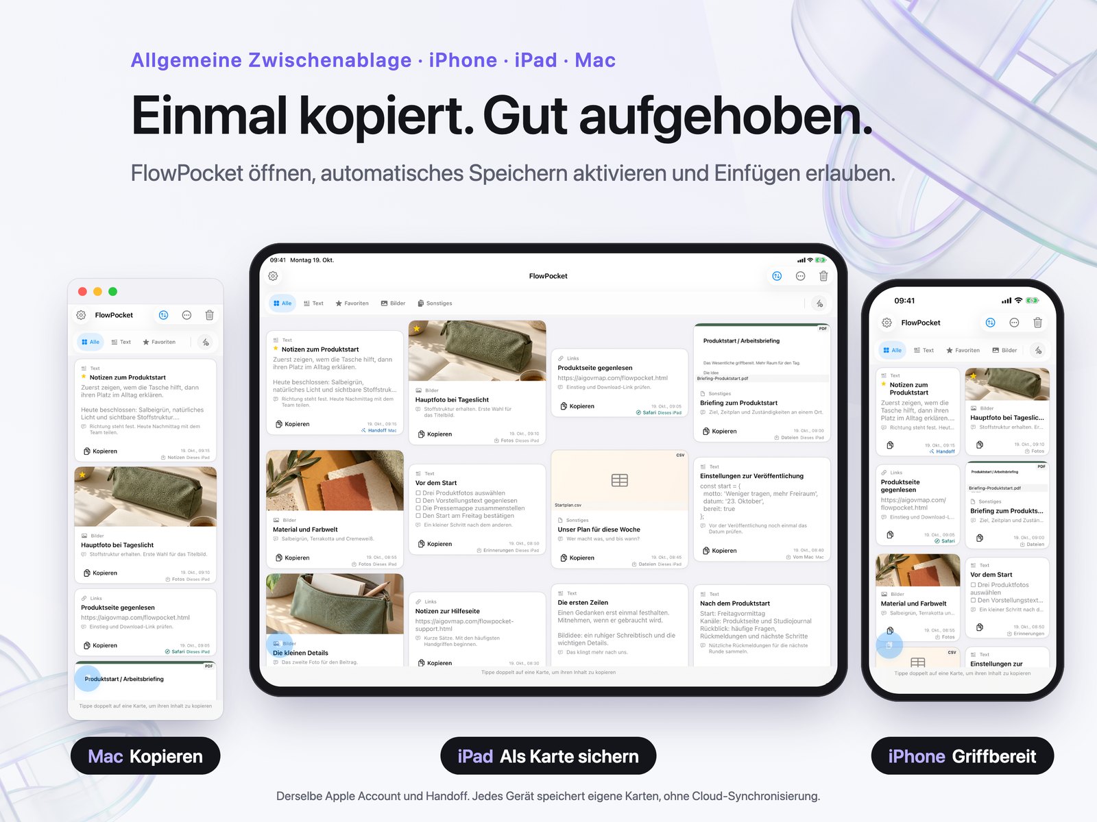 Werbegrafik mit Kartenablagen auf Mac, iPad und iPhone.
