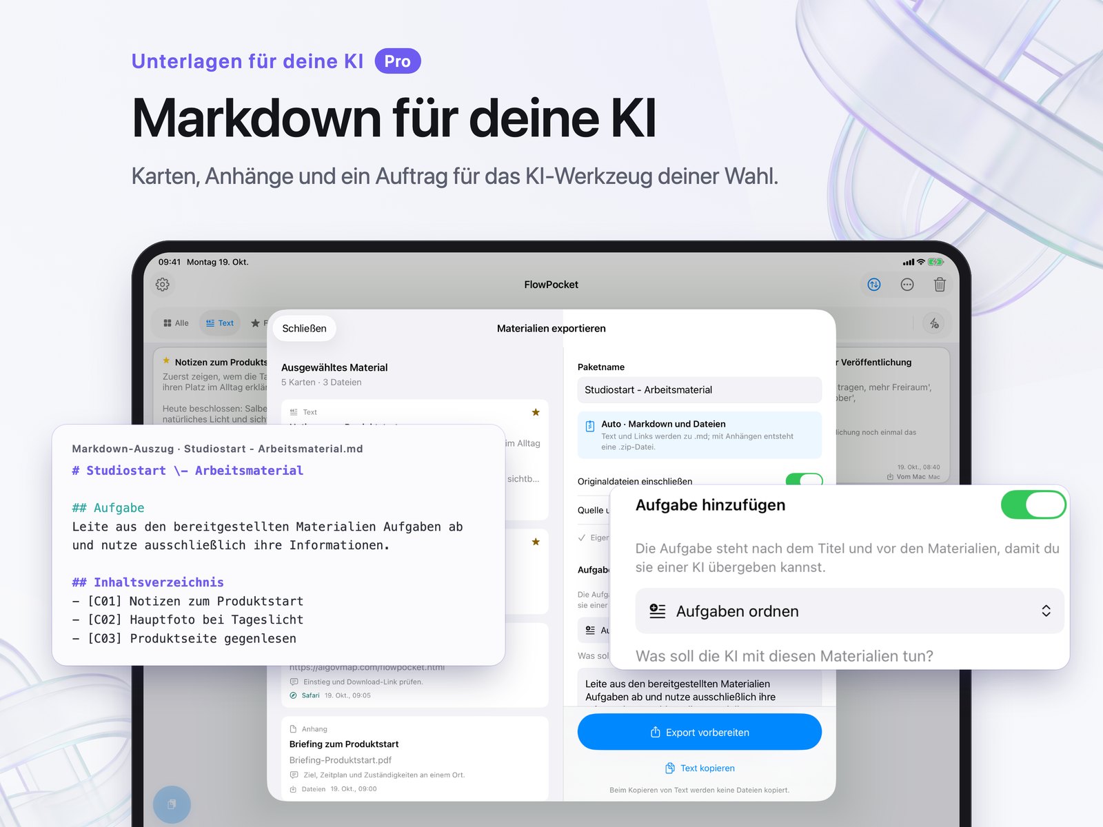 Exportansicht auf dem iPad mit Aufgabenvorgaben und Anhangoption.