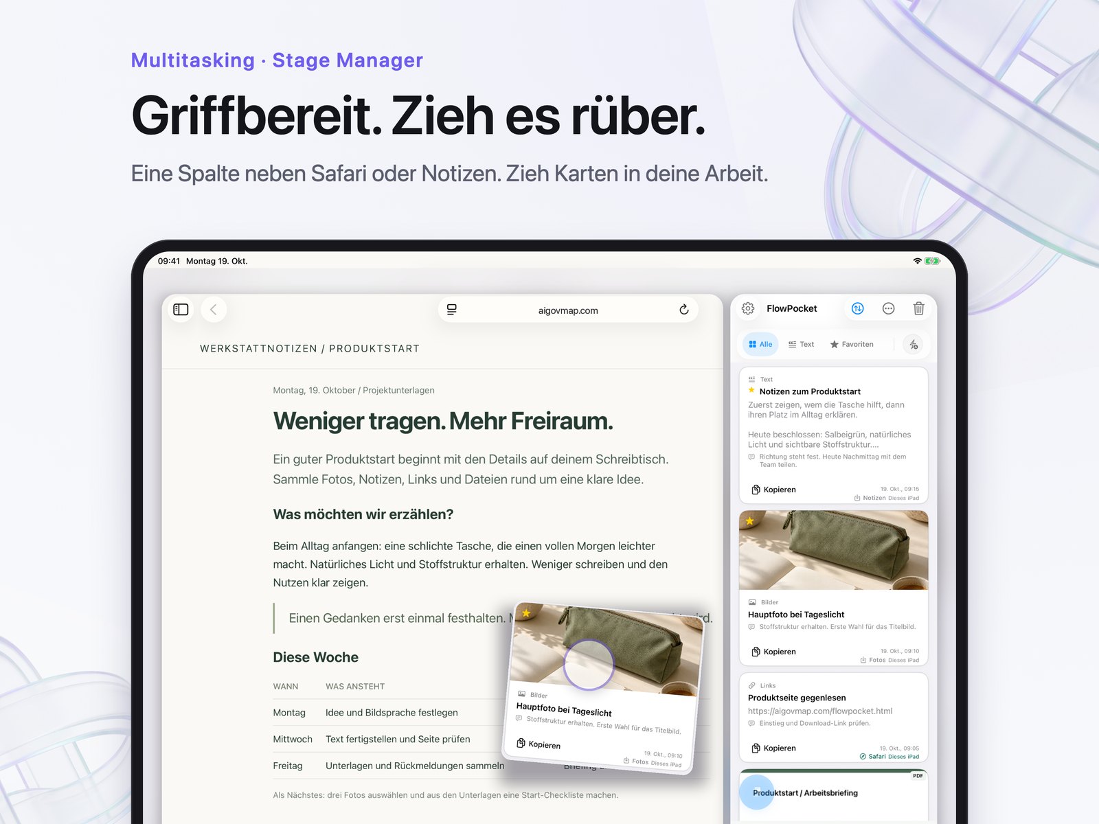 Layout-Beispiel: eine Kartenspalte in einem schmalen iPad-Fenster neben Safari.