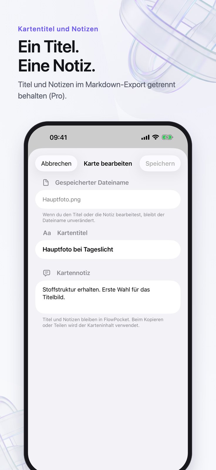 Karteneditor auf dem iPhone mit Titel und Notiz.