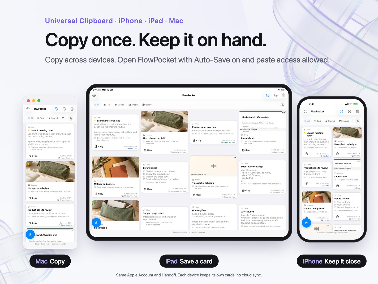 Promotional composition showing FlowPocket card shelves on Mac, iPad and iPhone.
