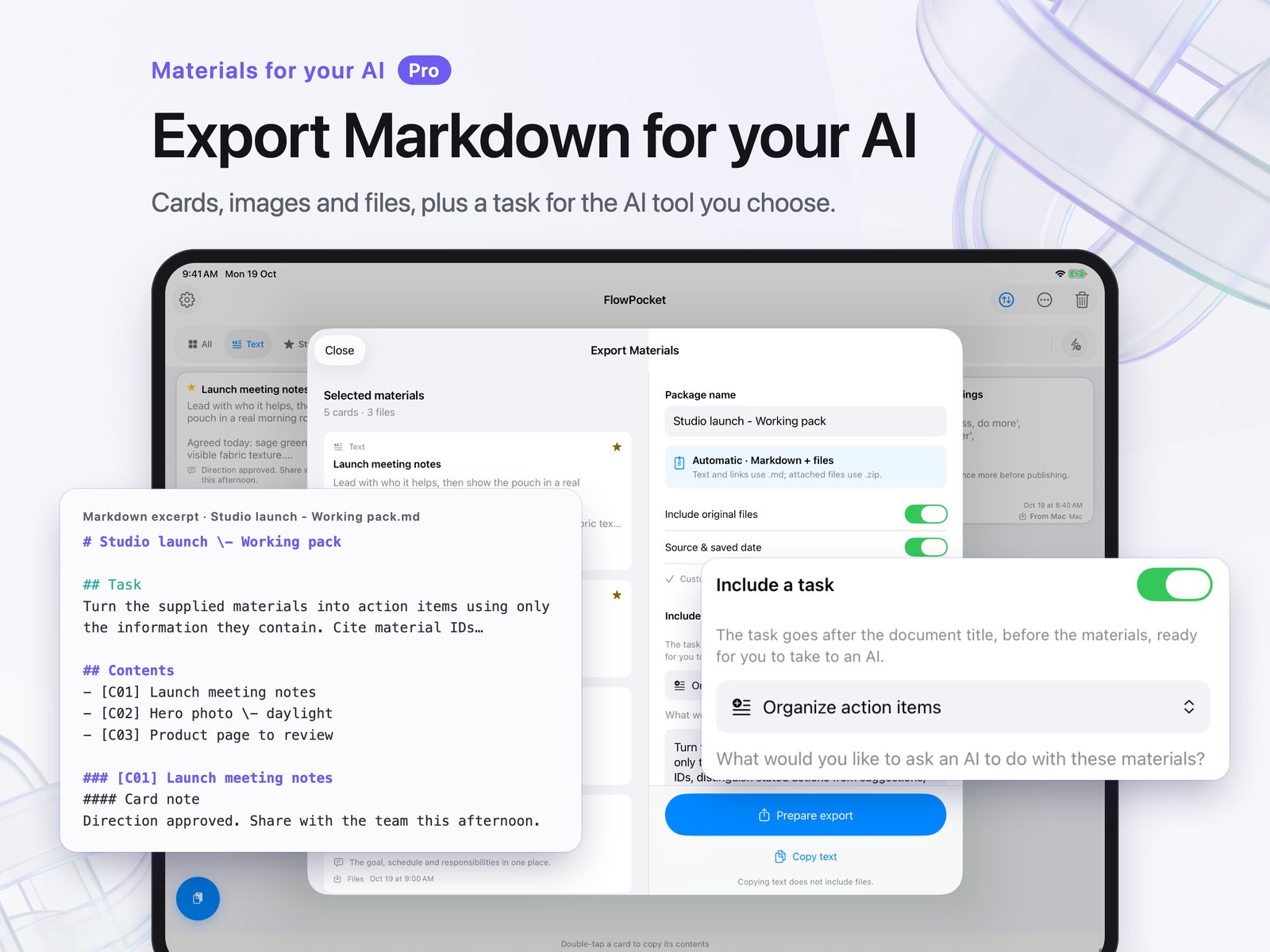 FlowPocket iPad promotion showing the Markdown export sheet, task presets and attachment option.