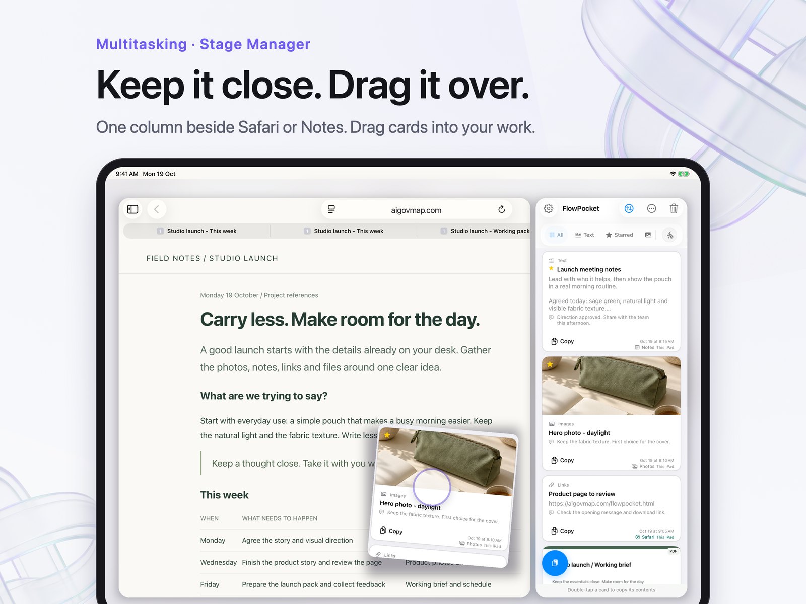 Illustrated iPad workflow with a narrow FlowPocket card column beside a Safari page.