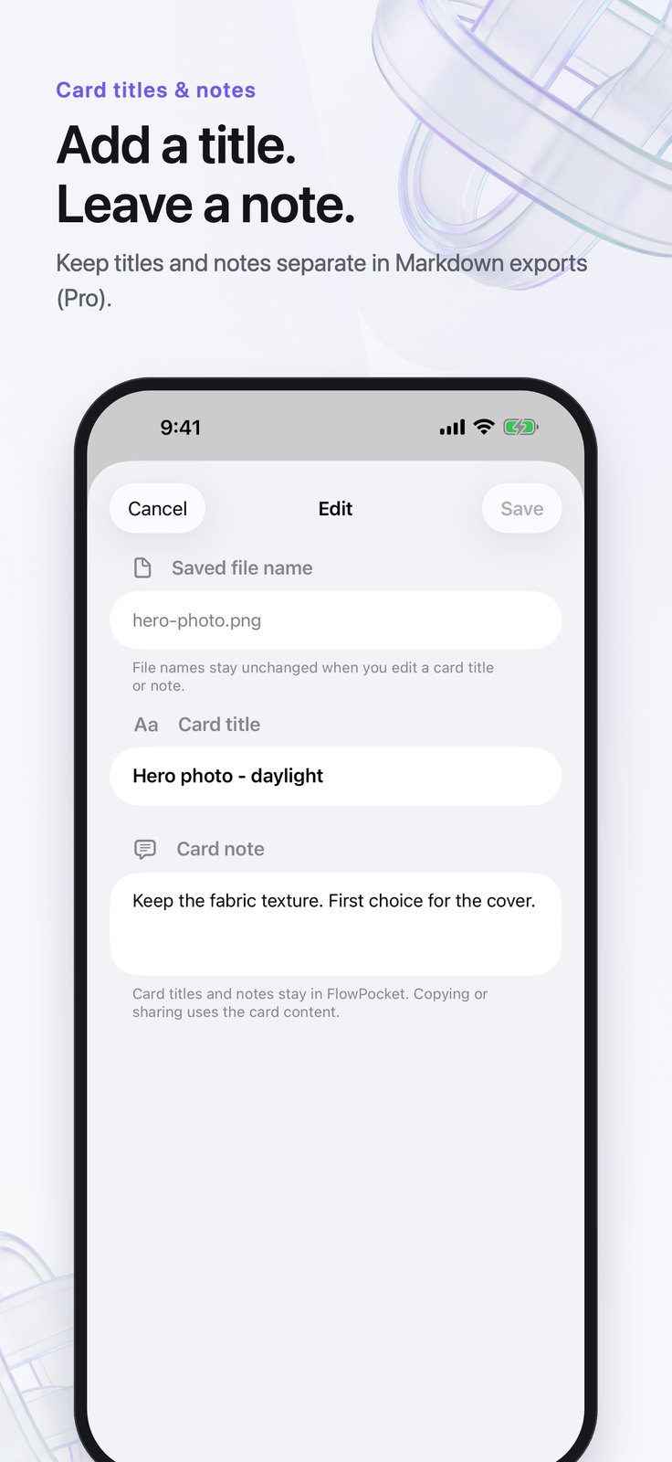 FlowPocket iPhone promotion showing a card editor with a title and note field.