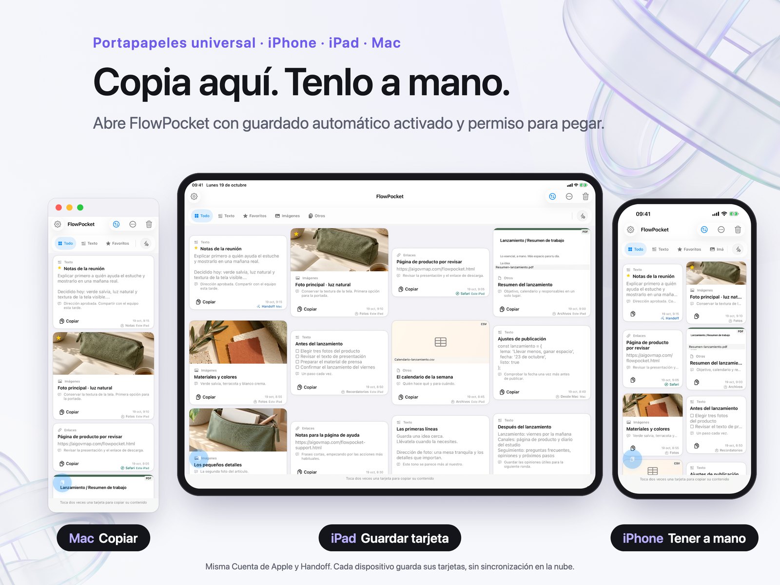 Composición promocional con tarjetas de FlowPocket en Mac, iPad y iPhone.