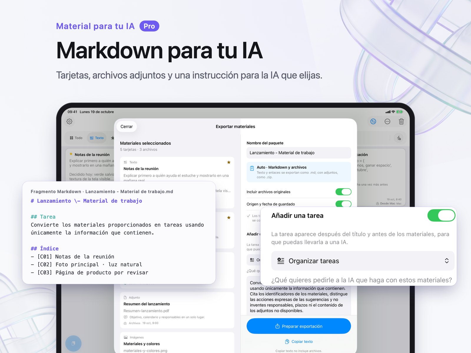 Panel de exportación en iPad con instrucciones y opción de adjuntos.
