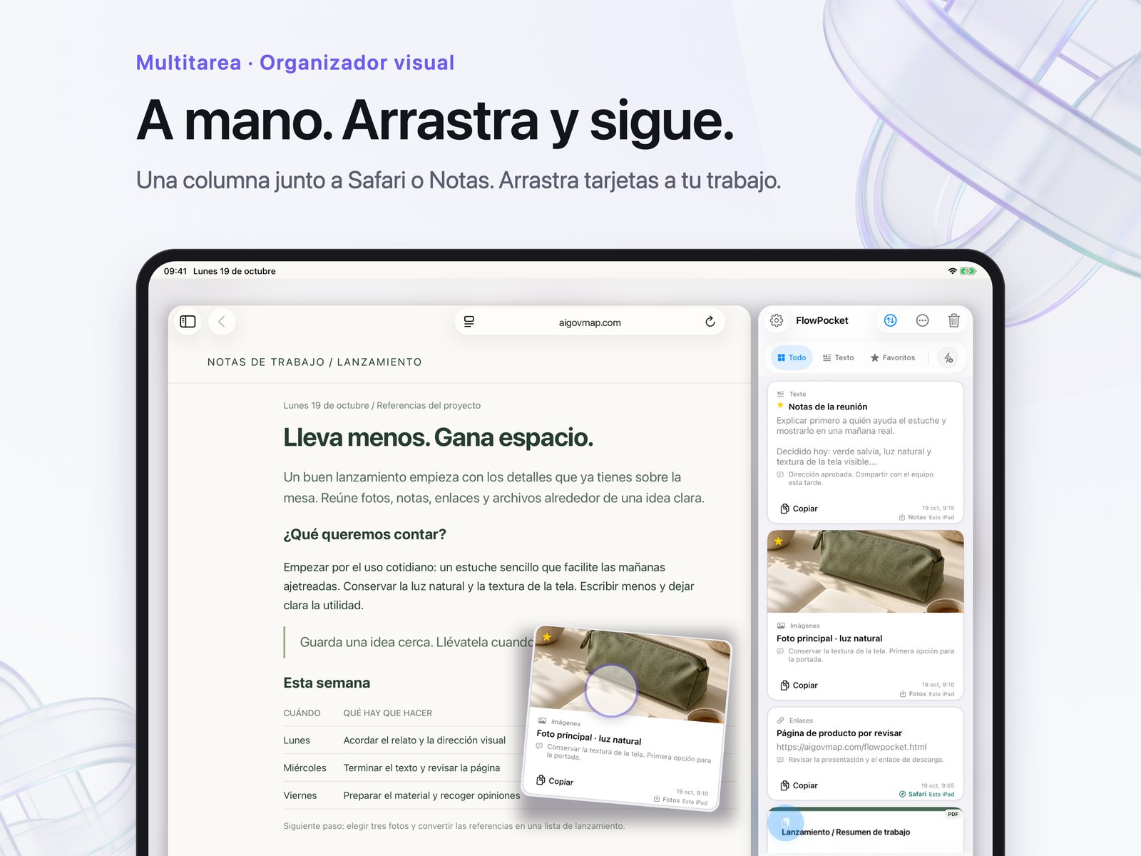 Ejemplo de disposición: una columna de tarjetas en una ventana estrecha de iPad junto a Safari.