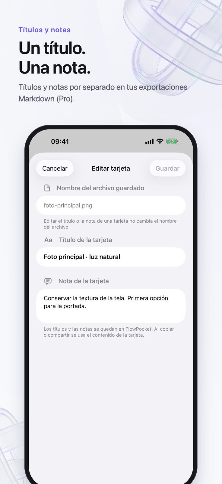 Editor de tarjetas en iPhone con campos de título y nota.