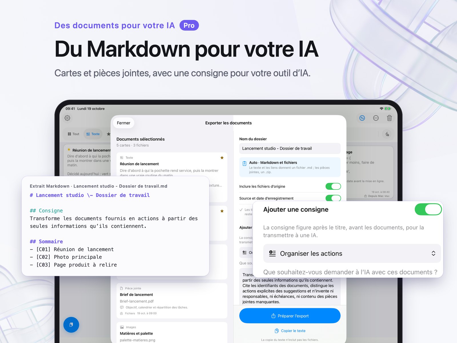 Feuille d’export sur iPad avec les consignes et l’option de pièces jointes.
