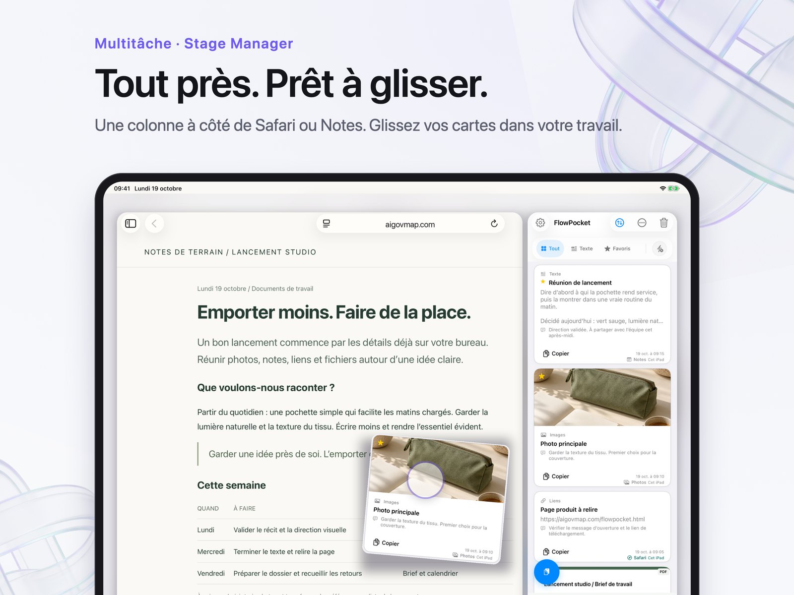 Mise en situation : une colonne de cartes dans une fenêtre iPad étroite, à côté de Safari.