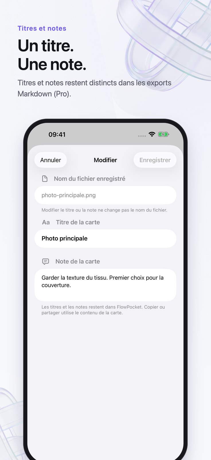 Éditeur de carte sur iPhone avec un titre et une note.