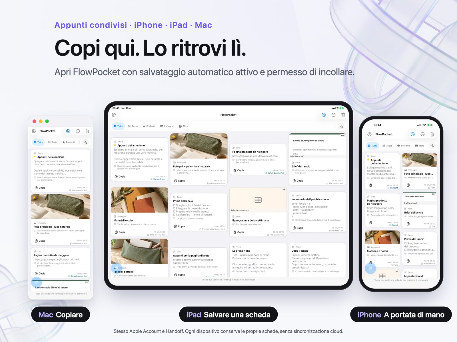 Composizione promozionale con le schede di FlowPocket su Mac, iPad e iPhone.
