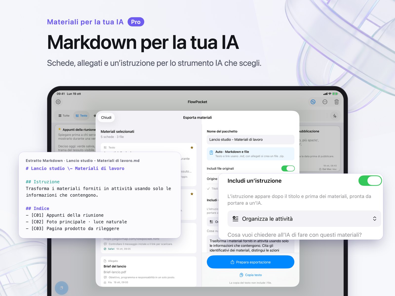 Pannello di esportazione su iPad con istruzioni e opzione per gli allegati.