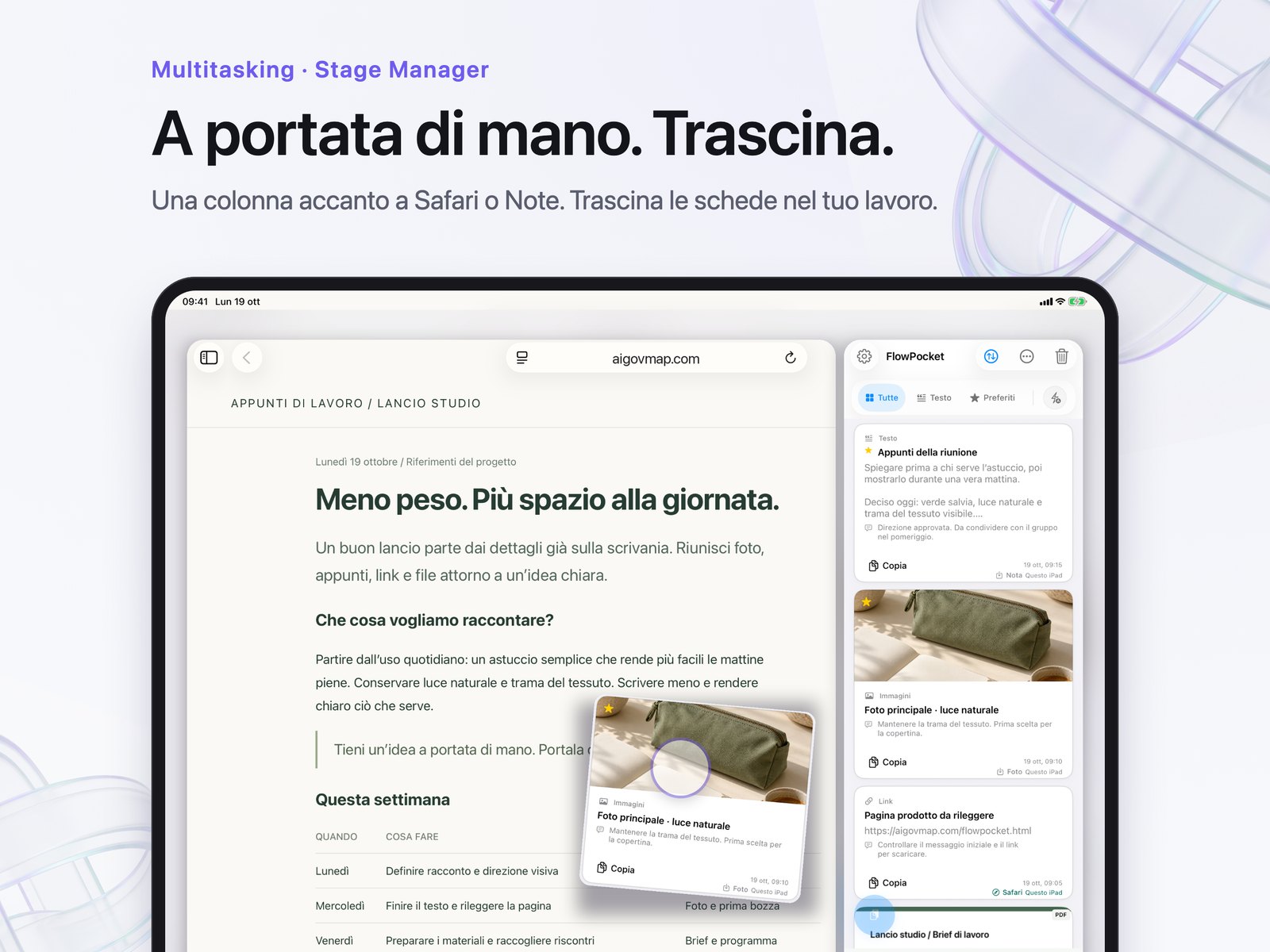 Esempio di disposizione: una colonna di schede in una finestra stretta su iPad, accanto a Safari.