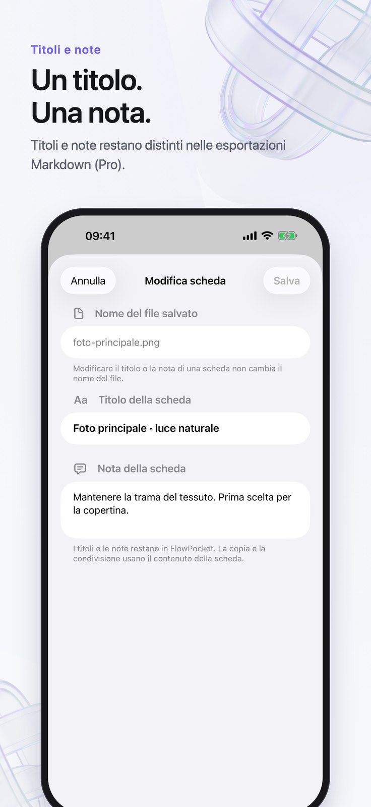 Editor di schede su iPhone con i campi per titolo e nota.