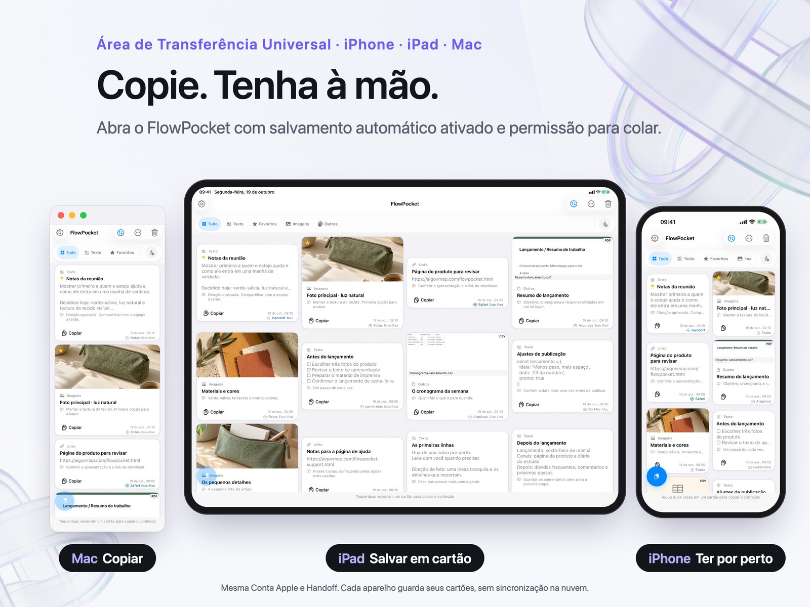 Composição promocional com cartões do FlowPocket no Mac, iPad e iPhone.