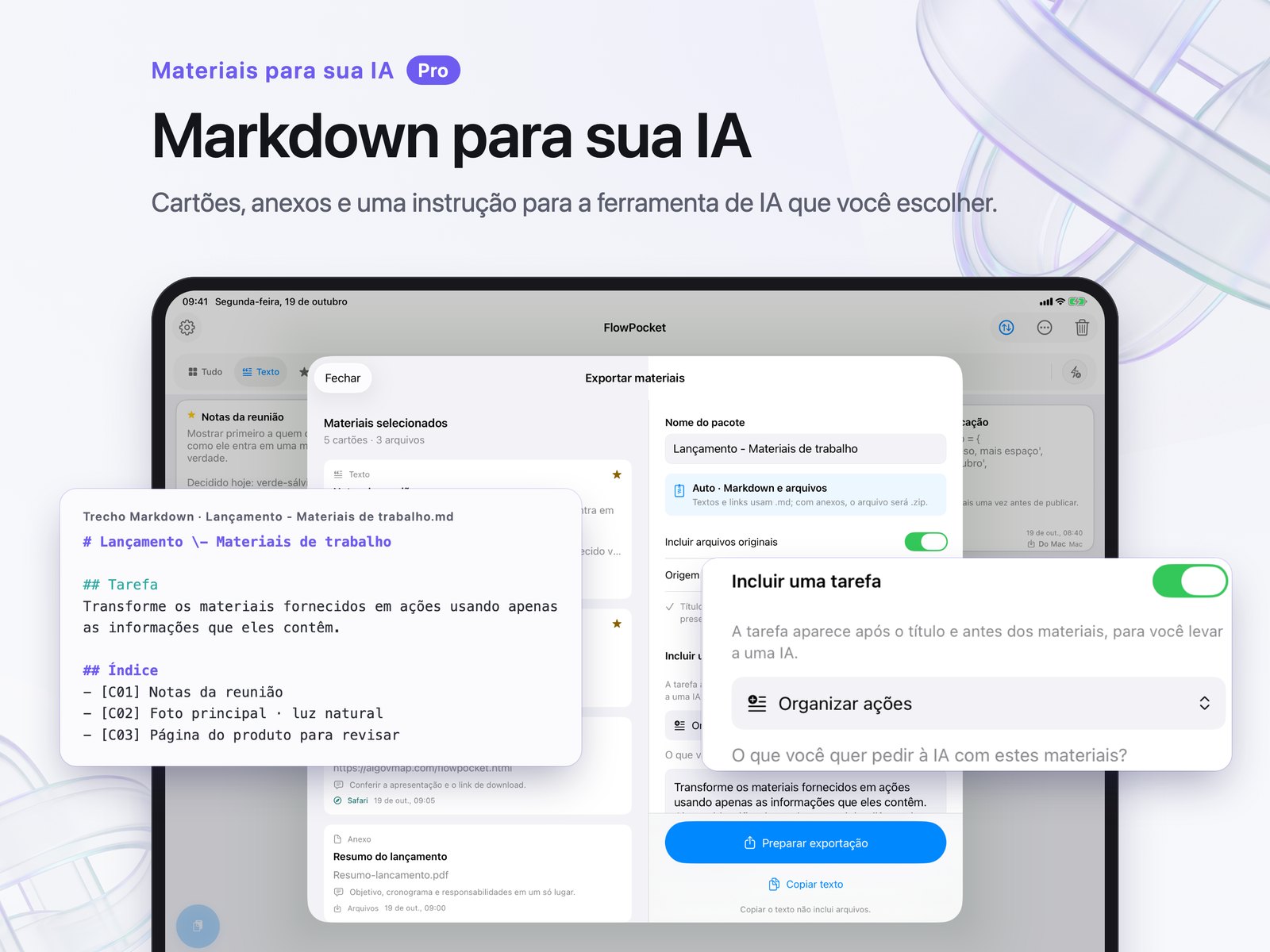 Painel de exportação no iPad com instruções e opção de anexos.