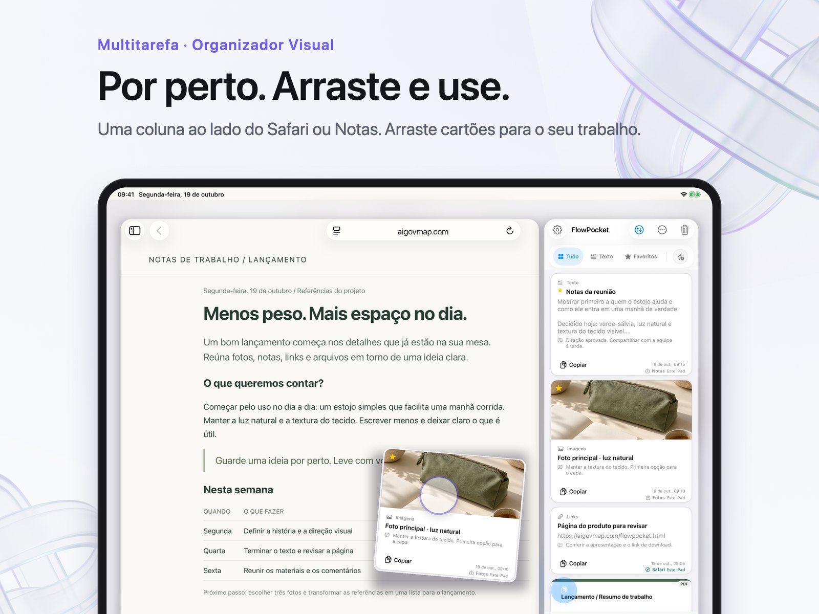 Exemplo de layout: uma coluna de cartões em uma janela estreita no iPad, ao lado do Safari.