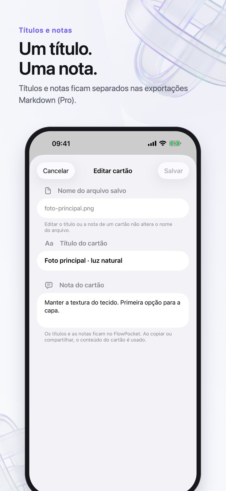 Editor de cartões no iPhone com os campos de título e nota.