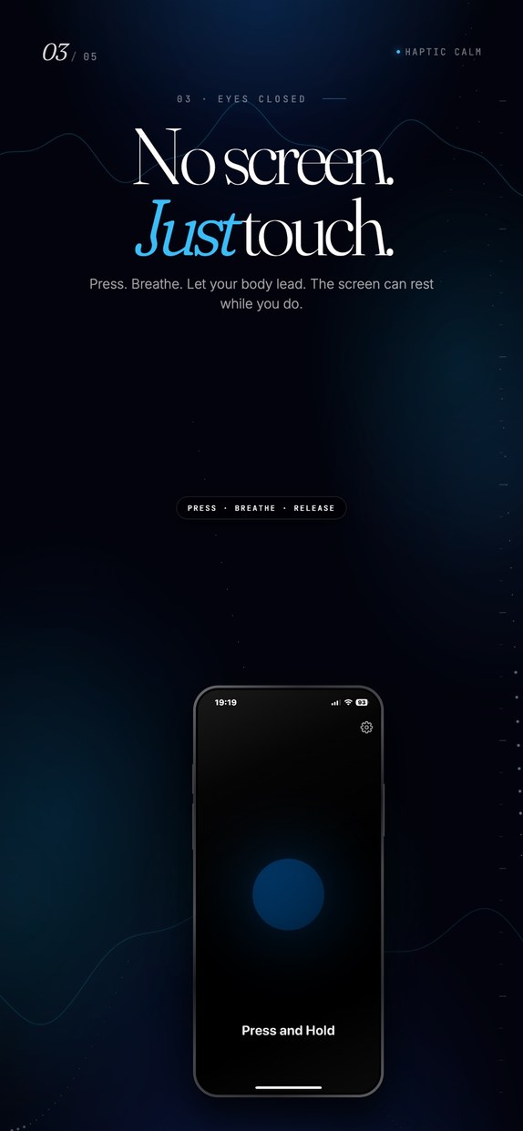 Haptic Calm App Store screenshot showing the breathing circle and Press and Hold control